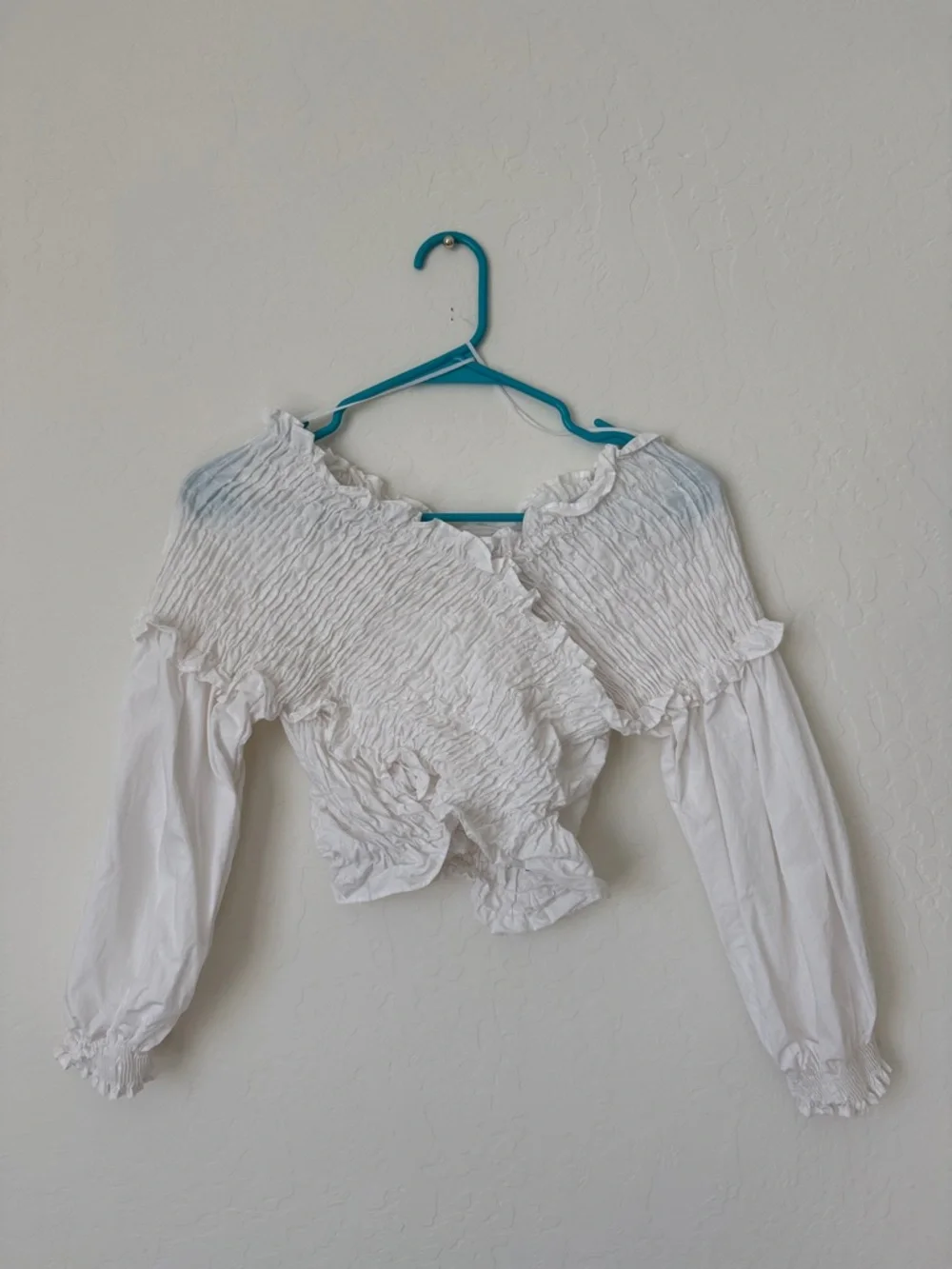 Zara White Smocked Wrap Blouse with Ruffle Trim